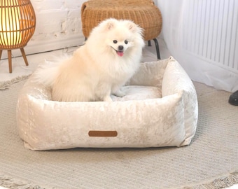 Velor Dog Bed SAPPHIRE Milk White | Hypoallergenic Hollowfiber | Pet Bed Washable Cover | Dog Cat Bed | Designed in Vienna