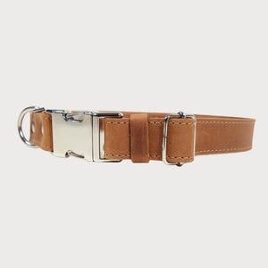 Puede incluir: Un collar de perro de cuero marr&oacute;n con una hebilla y una anilla en D de metal plateado. El collar est&aacute; hecho de una sola tira de cuero y tiene un dise&ntilde;o cl&aacute;sico. El collar mide aproximadamente 2,5 cm de ancho.