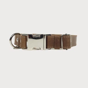 Puede incluir: Un collar de perro de cuero marr&oacute;n con una hebilla de metal plateado y una anilla en D para sujetar la correa. El collar est&aacute; cosido con un hilo m&aacute;s claro y tiene un dise&ntilde;o cl&aacute;sico. La hebilla de metal es brillante y resistente.