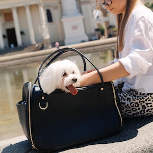 May include: A black pet carrier bag with a textured snakeskin-like pattern, gold-tone zippers, and two top handles. A small white dog with long fur and its tongue out is sitting inside the open bag, which features gold hardware and side pockets.