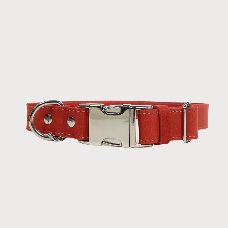 Puede incluir: Un collar rojo para perros con hebilla y anilla en D de metal plateado. El collar est&aacute; hecho de un material similar al ante y tiene costuras blancas. La hebilla es de dise&ntilde;o rectangular y resistente.