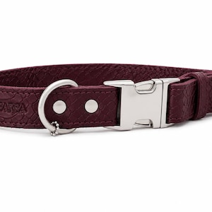 Peut inclure: Un collier pour animal de compagnie bordeaux profond avec un motif texturé en peau de serpent, doté d'une boucle à dégagement latéral en métal argenté poli, d'un anneau en D assorti et de deux rivets argentés. Le nom PAWCARA est gravé sur le côté.