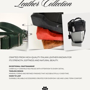 Puede incluir: Una imagen de la colecci&oacute;n de cuero, que presenta un collar de cuero verde oscuro y bolsos de cuero apilados en negro, rojo y marr&oacute;n. El texto destaca el uso de cuero italiano de alta calidad, artesan&iacute;a excepcional, dise&ntilde;o atemporal y durabilidad.