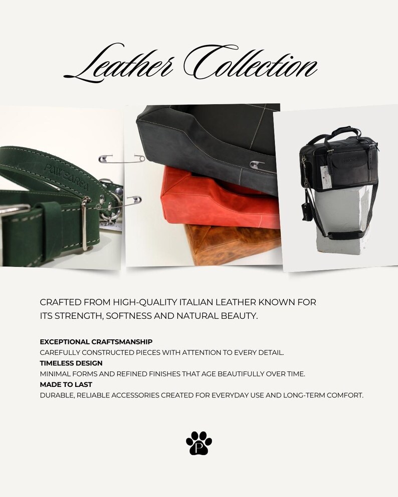 Puede incluir: Una imagen de la colecci&oacute;n de cuero, que presenta un collar de cuero verde oscuro y bolsos de cuero apilados en negro, rojo y marr&oacute;n. El texto destaca el uso de cuero italiano de alta calidad, artesan&iacute;a excepcional, dise&ntilde;o atemporal y durabilidad.