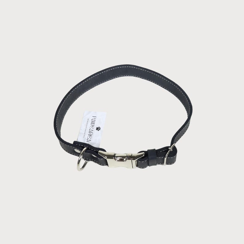 Puede incluir: Un collar de perro de cuero negro con costuras blancas. El collar tiene una hebilla de metal plateado y un anillo de metal para sujetar una correa. Una etiqueta blanca con el texto "PAW & REA" est&aacute; adjunta.