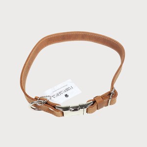 Puede incluir: Un collar de perro de cuero marr&oacute;n claro con una hebilla de metal plateado y un anillo a juego para sujetar la correa. Una etiqueta blanca con el texto "PAW WE AREA" est&aacute; sujeta al collar.