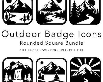 May include: Black and white outdoor badge icons in a rounded square bundle. The designs feature mountains, trees, rivers, and a sun. Text reads "Outdoor Badge Icons" and "Rounded Square Bundle". Includes 10 designs in SVG, PNG, JPEG, PDF, and DXF formats.