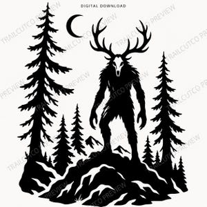 May include: A black and white digital graphic featuring a central creature with a skull head and large antlers standing on a rocky hill. The scene includes a crescent moon, several pine trees, and distant mountain peaks. Text reads DIGITAL DOWNLOAD.