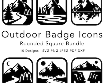 May include: Black and white outdoor badge icons in a rounded square bundle. The designs feature mountain ranges, trees, suns, moons, and rivers. Text reads "Outdoor Badge Icons, Rounded Square Bundle, 10 Designs - SVG PNG JPEG PDF DXF."