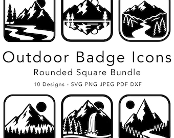 May include: Black and white outdoor badge icons in a rounded square bundle. The designs feature mountain and nature scenes with trees, rivers, and suns. The text "Outdoor Badge Icons" and "Rounded Square Bundle" are also included.