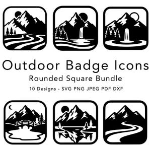 May include: Black and white outdoor badge icons in a rounded square bundle. The designs feature mountain landscapes, rivers, waterfalls, and trees. The text reads "Outdoor Badge Icons" and "Rounded Square Bundle".