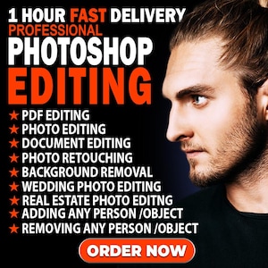Puede incluir: Anuncio de servicios profesionales de edición de Photoshop. El texto incluye "Entrega rápida en 1 hora" y una lista de servicios como edición de fotos y eliminación de fondos. En el fondo, el rostro de un hombre, con un botón "Ordenar ahora".