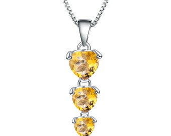 Natural Citrine Gemstone Pendant with 3 Hearts On a 925 Sterling Silver Stamped Chain.