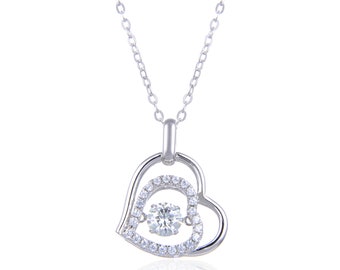 Diamond Heart pendant with a Dancing Moissanite Diamond in the center White Gold Plated.