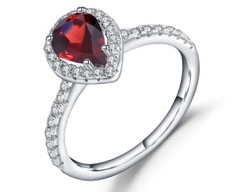 Natural Red Garnet Heart Ring and Cubic Zirconia in 925 Sterling Silver Stamped.