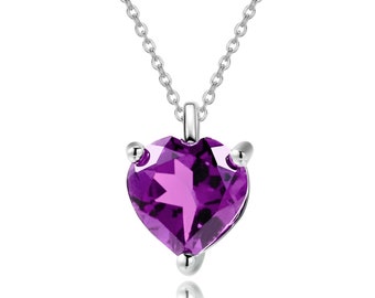 Natural Amethyst Gemstone Heart Pendant On a 925 Sterling Silver Stamped Chain.