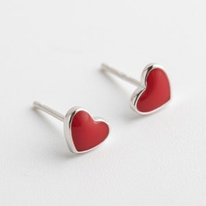 Lovely Red enamel Heart Earrings in 925 Sterling Silver for pierced ears.