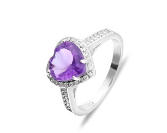 Natural Amethyst Heart Ring and Cubic Zirconia in 925 Sterling Silver Stamped.