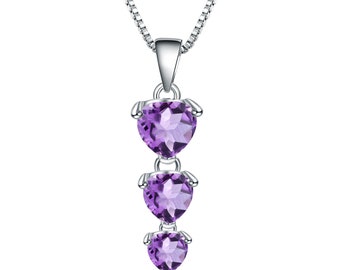 Natural Amethyst Gemstone Pendant with 3 Hearts On a 925 Sterling Silver Stamped Chain.