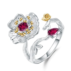 Flower Ring in Sterling Silver with a Natural Rhodolite Garnet.