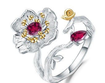 Flower Ring in Sterling Silver with a Natural Rhodolite Garnet.