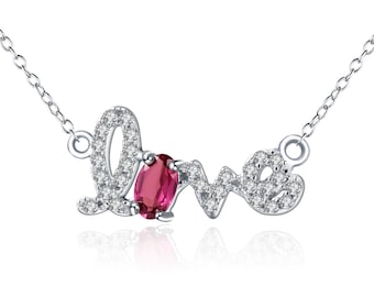 Natural Rhodolite Garnet, Love Necklace in Pure Sterling Silver.