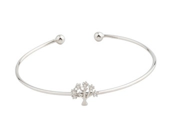 Tree Of Life Cuff Bracelet in Sterling Silver with CZ Diamonds