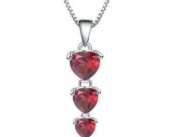 Natural Red Garnet Gemstone Pendant with 3 Hearts On a 925 Sterling Silver Stamped Chain.