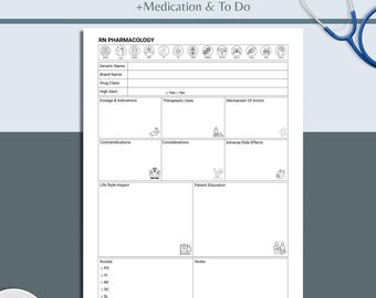 Bewerkbaar farmacologie-studieblad, verpleegkundige medicatiegids, medicatiekaartsjabloon (PDF)