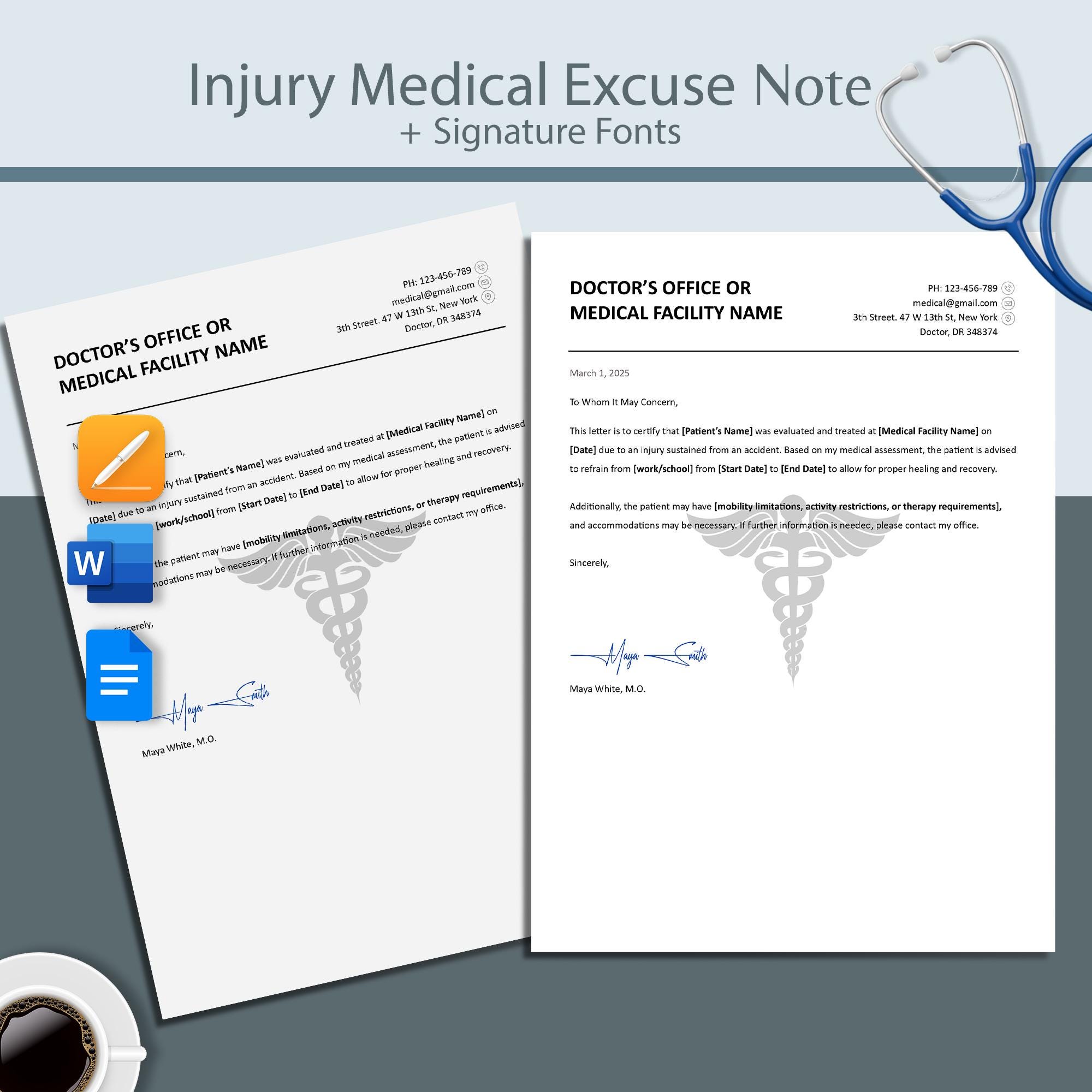 Work Injury Doctors Note Editable Injury Medical Note| Work & School Leave Note (word, Google ...