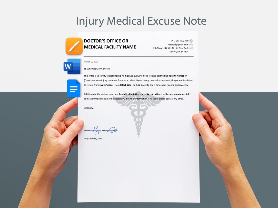 Work Injury Doctors Note Editable Injury Medical Note| Work & School Leave Note (word, Google ...