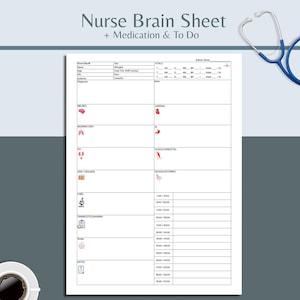 以下が含まれることがあります： 「Nurse Brain Sheet + Medication & To Do」と書かれた白い看護師用脳シート。患者情報、バイタルサイン、投薬とTo Doリストのセクションがあります。青い聴診器が背景にあります。