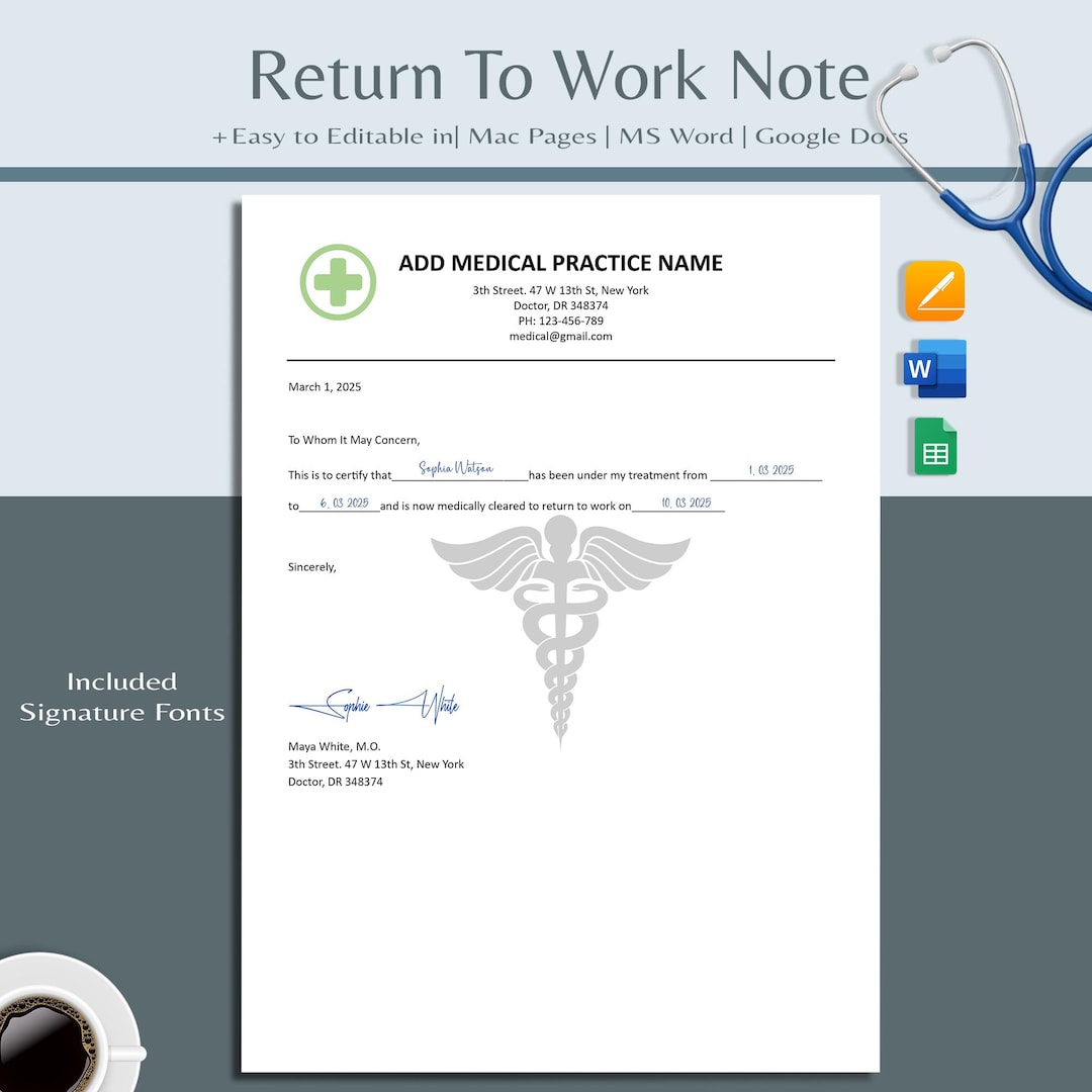 Return to Work Template, for Work, Doctor Excuse Letter, Doctor Note ...