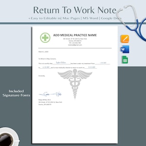 Peut inclure: Modèle de note de reprise du travail blanc avec un logo de croix verte, un symbole médical et du texte. Comprend des champs modifiables pour le nom du cabinet médical, les détails du patient et la date de reprise. Conçu pour Mac Pages, MS Word et Google Docs.