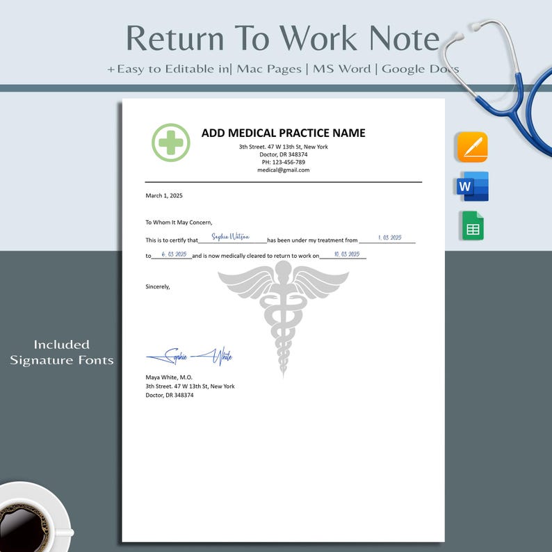 Return to Work Template, for Work, Doctor Excuse Letter, Doctor Note ...