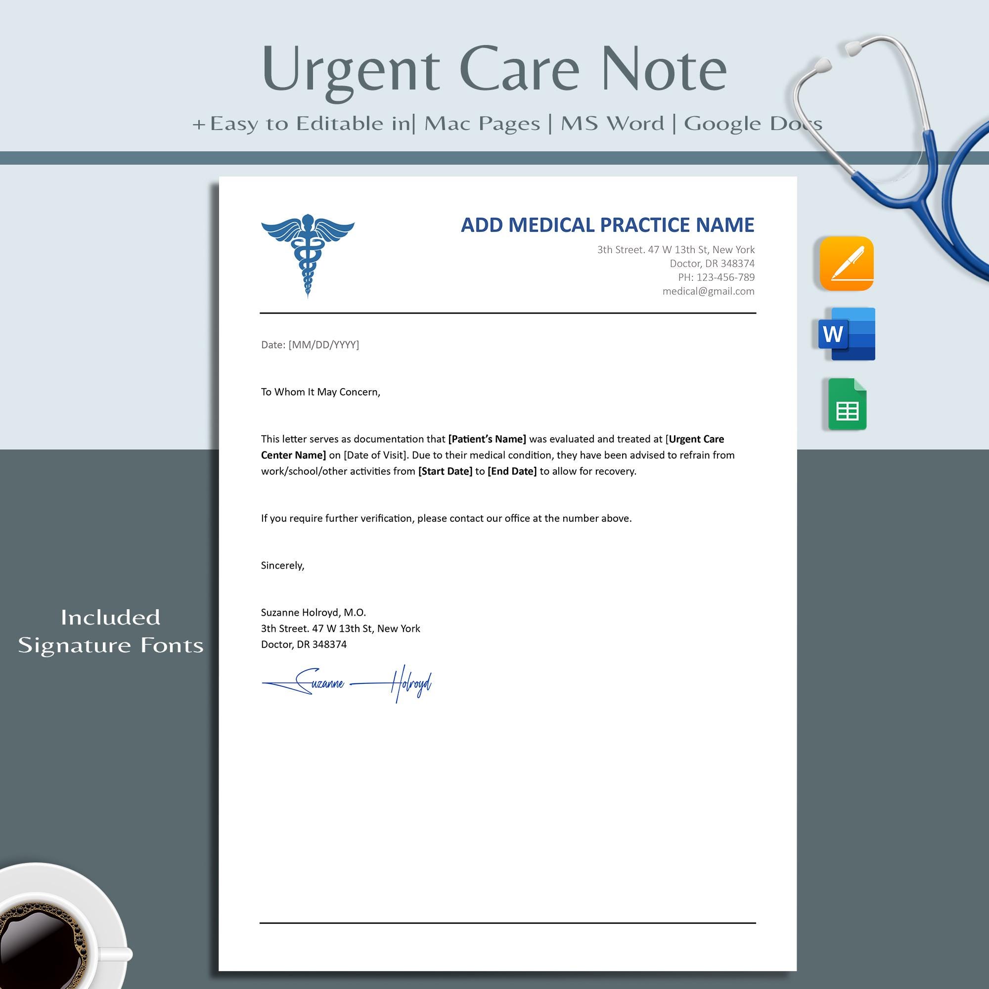 Editable Urgent Care Note: Work & School Leave Note (word, Google