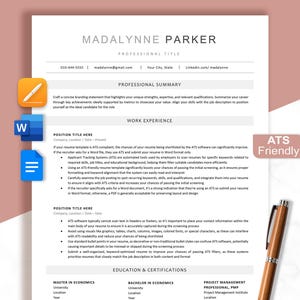 Könnte beinhalten: Eine Lebenslaufvorlage mit dem Namen Madalynne Parker oben. Der Lebenslauf enthält Abschnitte für berufliche Zusammenfassung, Berufserfahrung und Ausbildung. Das Dokument ist mit "ATS Friendly" gekennzeichnet.
