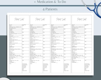4-patiëntenrapportageformulier voor verpleegkundigen, interne geneeskunde/chirurgie, IC, SEH, overdracht van meerdere patiënten, 4-patiëntenrapportageformulier met takenplanning (PDF) voor verpleegkundigen