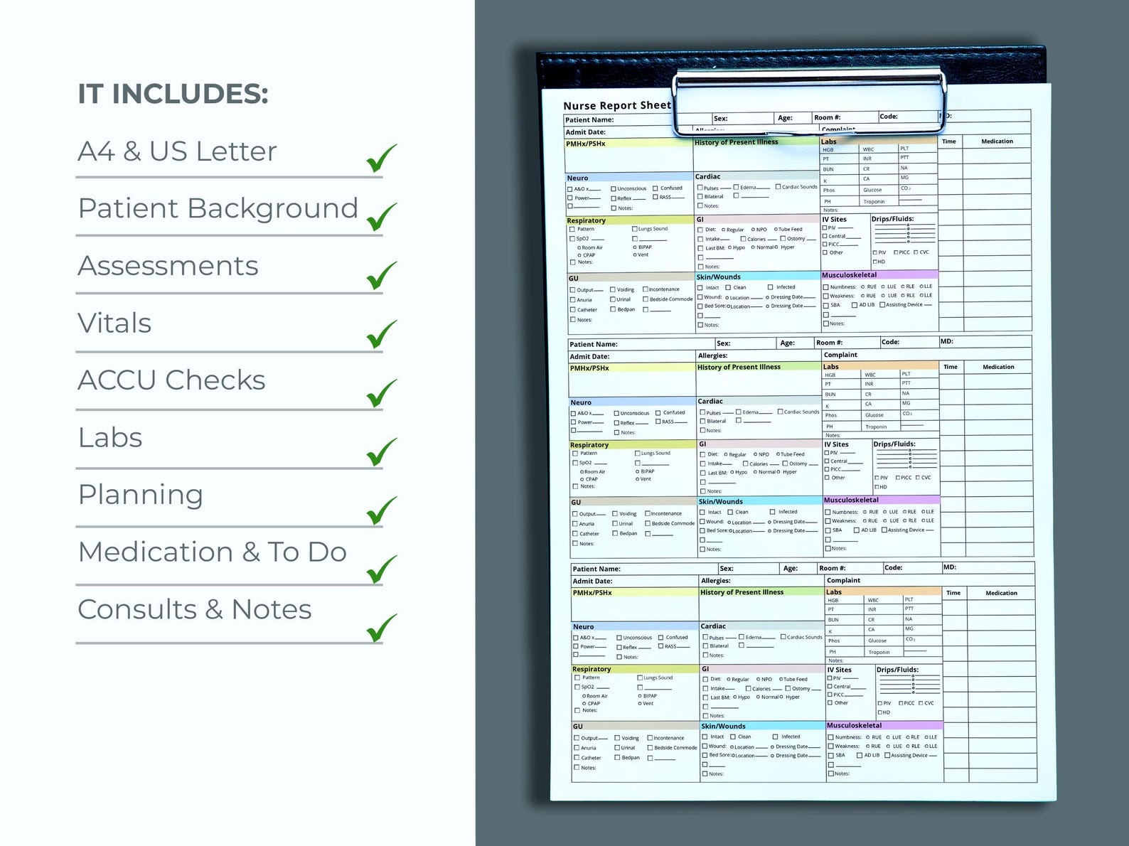 Nurse Report Sheet, Med Surg Sheets, Nurse Brain Sheet Multi Patient ...