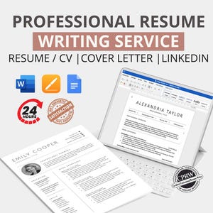 May include: An image advertising a professional resume writing service. It shows a laptop displaying a resume template, a printed resume, and icons for documents, editing, and a 24-hour turnaround. The text reads "Professional Resume Writing Service."