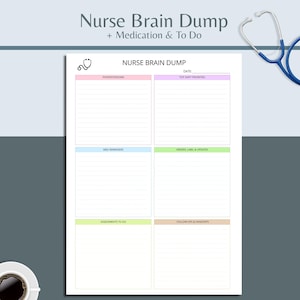 Könnte beinhalten: Ein weißes Nurse Brain Dump Planerblatt mit einem Stethoskop-Symbol, das Abschnitte für Patients/Rooms, Top Shift Priorities, Med Reminders, Orders, Labs & Updates, Assessments to Do und Follow-ups & Handoffs sowie eine Datumszeile enthält.