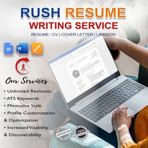 Könnte beinhalten: Werbung für einen Lebenslauf-Schreibservice. Das Bild zeigt einen Laptop mit einem Lebenslauf, mit dem Text "RUSH RESUME WRITING SERVICE" und "RESUME / CV | COVER LETTER | LINKEDIN". Symbole und Aufzählungspunkte heben Service-Funktionen hervor, darunter "Unlimited Revisions" und "ATS Keywords".