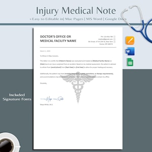 Editable Injury Medical Note| Work & School Leave Note (Word, Google Docs, Pages)| Dr Note| Drs Note Template | Parent Work Excuse Note