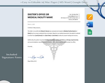 Bewerkbare medische verklaring voor letsel | Verklaring van verlof voor werk en school (Word, Google Docs, Pages) | Doktersverklaring | Sjabloon voor doktersverklaring | Verklaring van afwezigheid van ouders