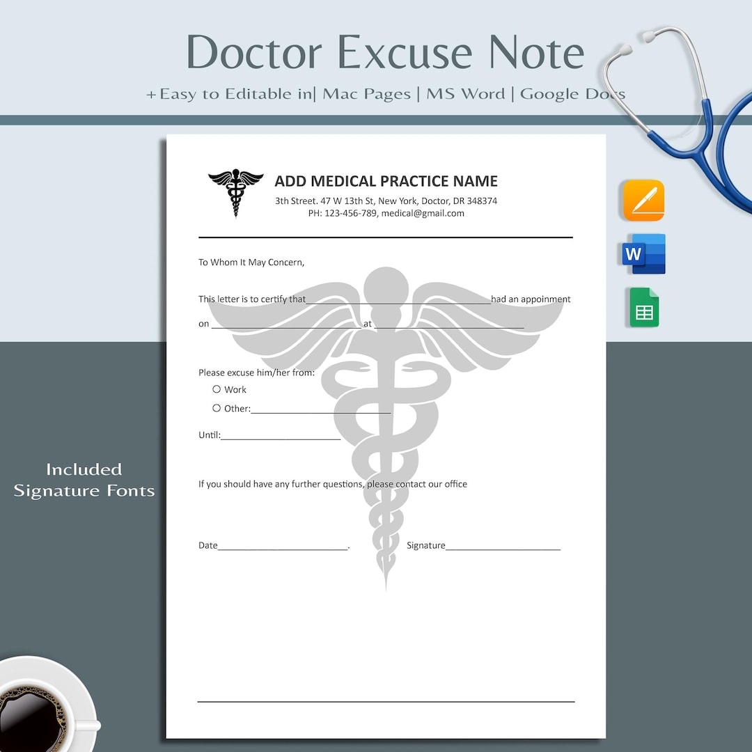 Editable Doctor Excuse Note: Work & School Leave Note (PDF, Word, Canva ...