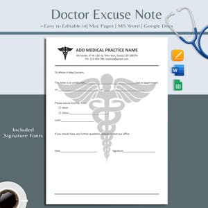 Könnte beinhalten: Ein weißes ärztliches Entschuldigungsschreiben mit dem Text "Doctor Excuse Note" oben. Die Notiz enthält Felder für Informationen zur Arztpraxis, Patientendetails und eine Unterschriftenzeile. Ein Caduceus-Symbol ist prominent dargestellt.