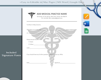 Bewerkbare doktersverklaring: verlof voor werk en school (PDF, Word, Canva) (Word, Google Docs, Pages)