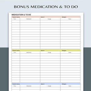 Puede incluir: Un papel blanco con el texto "BONUS MEDICATION & TO DO" en la parte superior. El papel est&aacute; dividido en secciones para la informaci&oacute;n del paciente, los detalles de la medicaci&oacute;n y las notas. Las secciones est&aacute;n etiquetadas con encabezados como "Nombre del paciente", "Medicamento" y "Dosis".