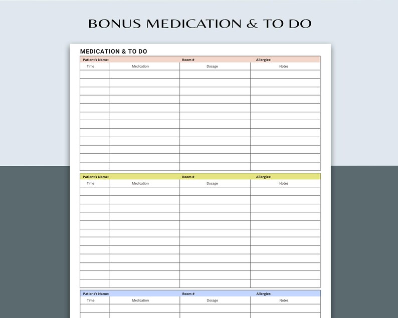 Puede incluir: Un papel blanco con el texto "BONUS MEDICATION & TO DO" en la parte superior. El papel est&aacute; dividido en secciones para la informaci&oacute;n del paciente, los detalles de la medicaci&oacute;n y las notas. Las secciones est&aacute;n etiquetadas con encabezados como "Nombre del paciente", "Medicamento" y "Dosis".