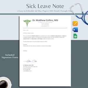 May include: A white medical sick leave note template with the text "Sick Leave Note" at the top. The note includes the doctor's information, a medical symbol, and space for patient details. A stethoscope and icons are in the background.